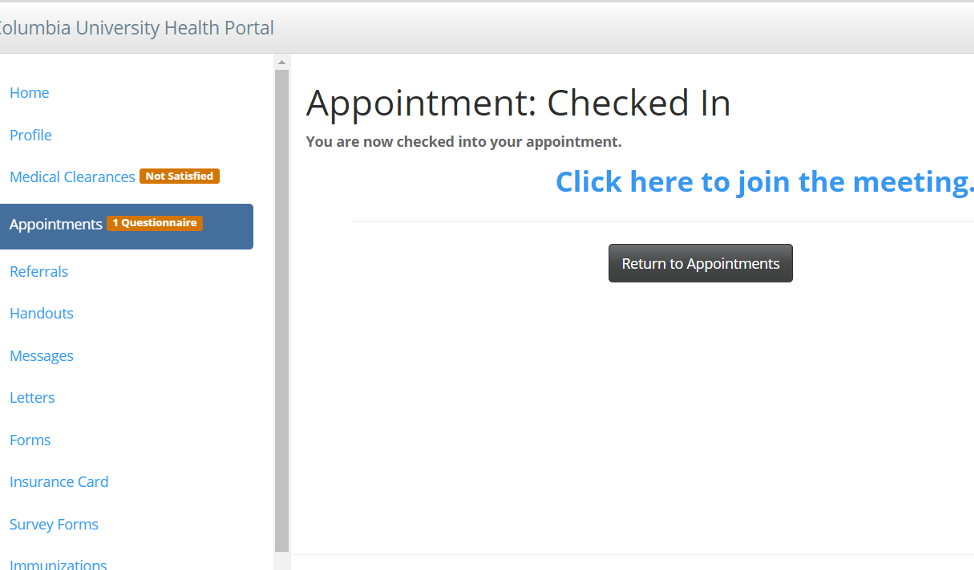 Screenshot of Patient Portal showing the Appointment Start Screen