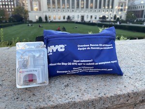 Naloxone kit on ledge overlooking South Lawn on the Morningside campus