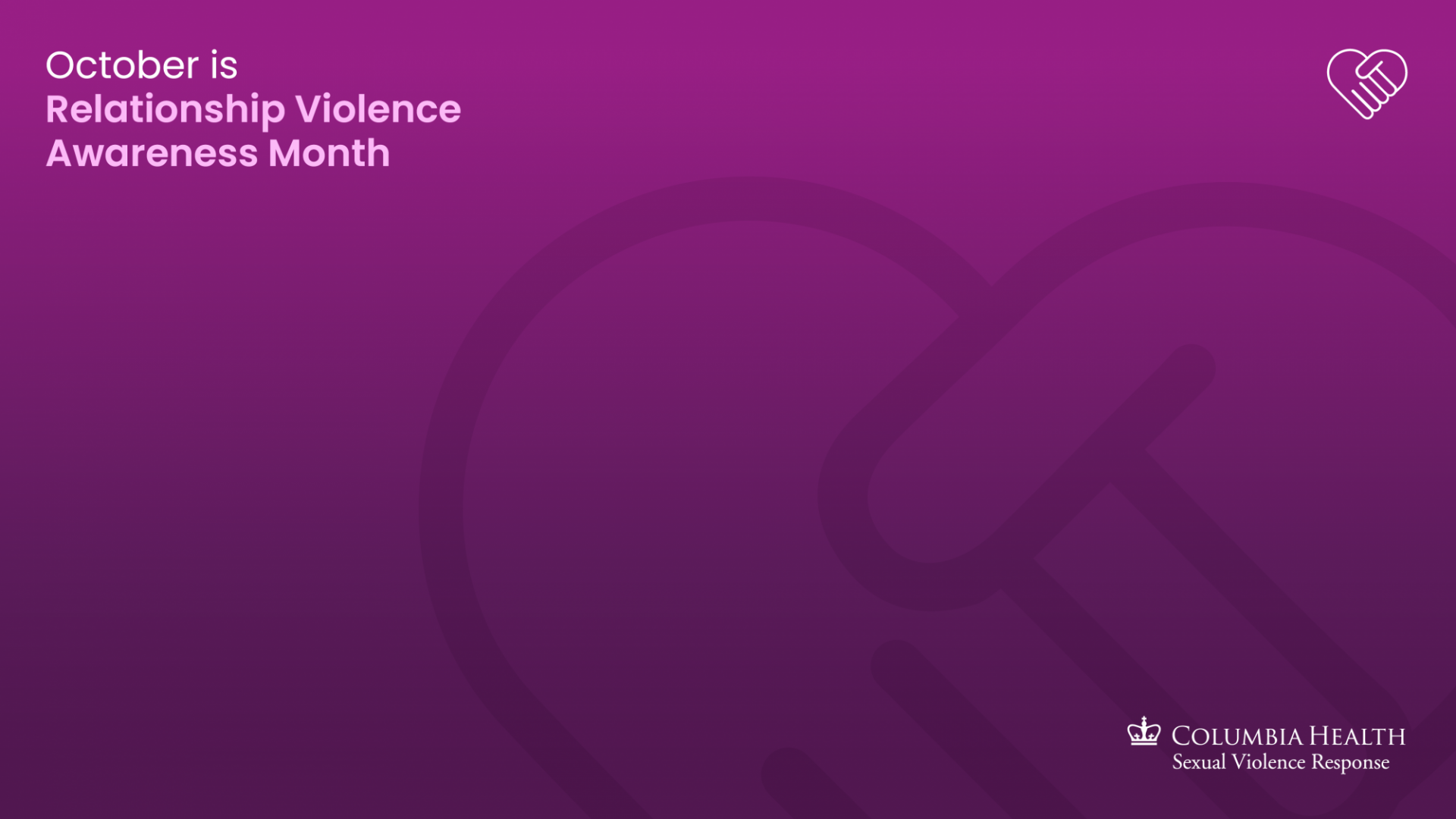 Zoom background with "October is Relationship Violence Awareness Month" in top left corner, Hand heart icon in top right, and sexual violence response logo in bottom right