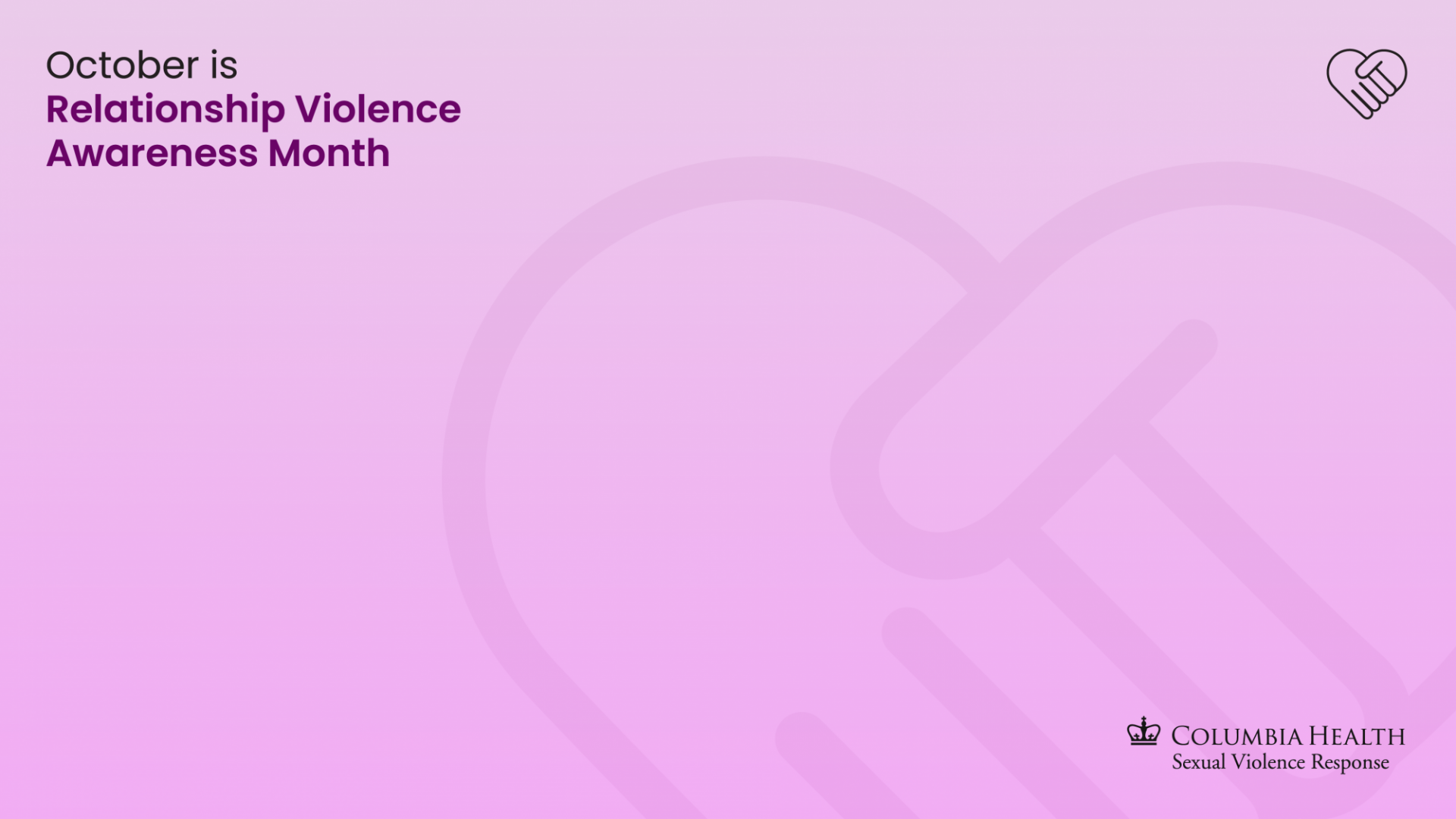 Zoom background with "October is Relationship Violence Awareness Month" in top left corner, Hand heart icon in top right, and sexual violence response logo in bottom right