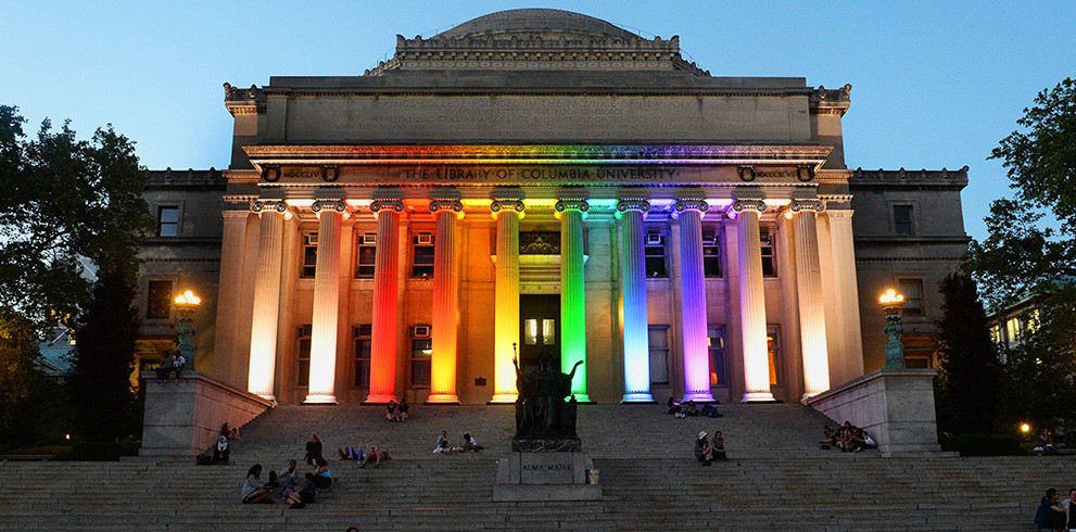 low library with rainbow pride lights, low library, rainbow, pride, lights