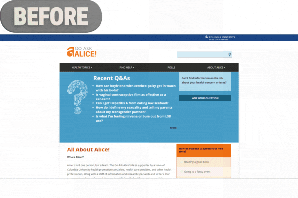 Before and after screenshots of Go Ask Alice! website