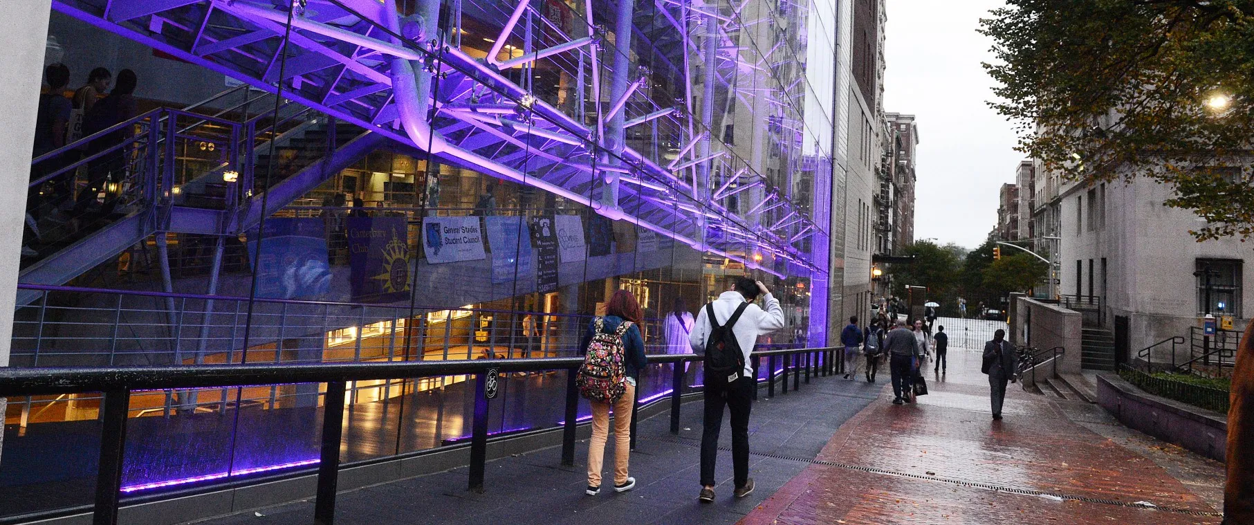 Lerner Hall lit in purple for Relationship Violence Awareness Month