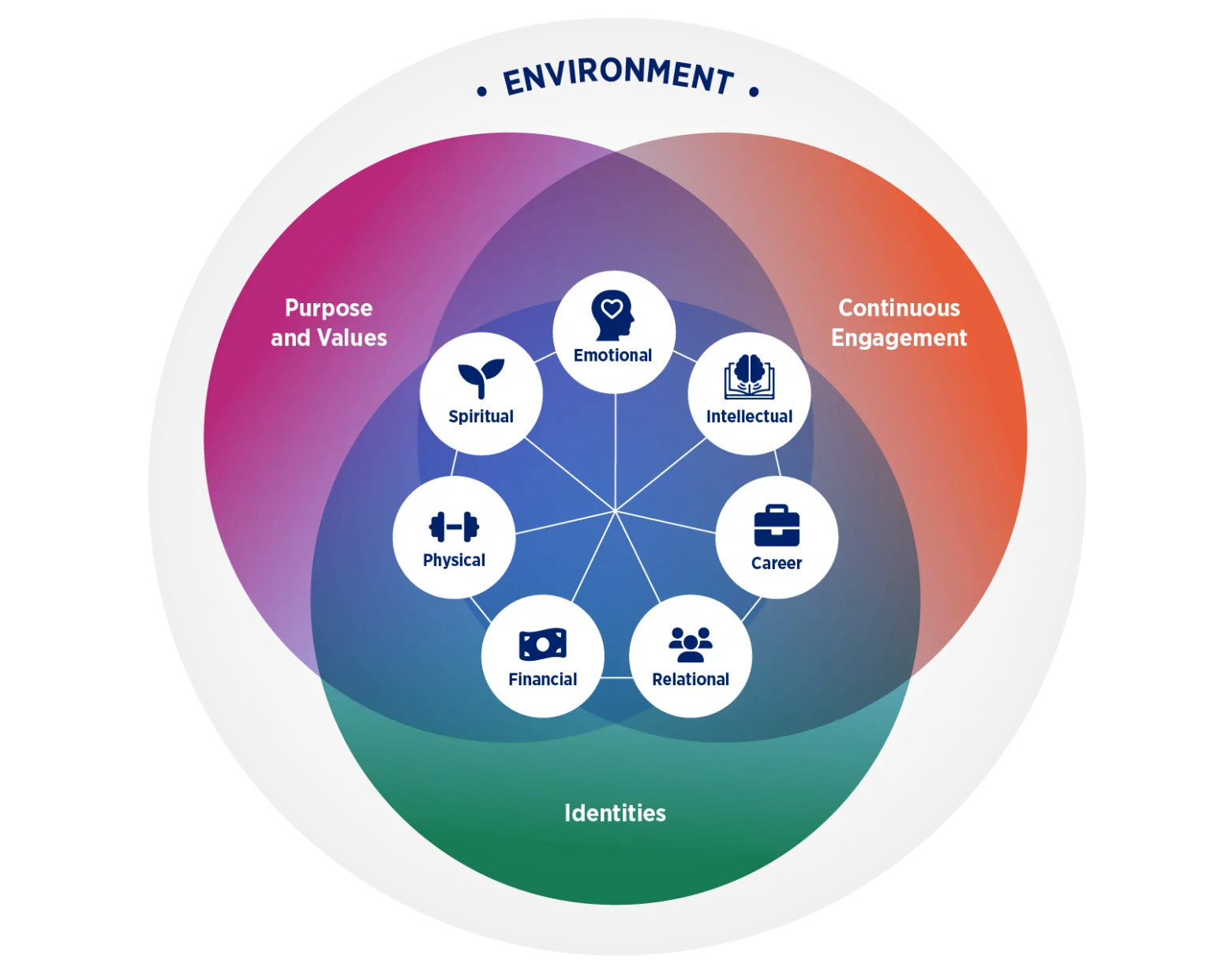 This is a visualization of how Columbia Health talks about the well-being dimensions and the context that they exist in. The environment is the space in which all of this occurs. The context for a person's well-being includes their purpose and values, continuous engagement with their well-being, and their identities. The dimensions of well-being over lay those, and include emotional, intellectual, career, relational, financial, physical, and spiritual well-being. 