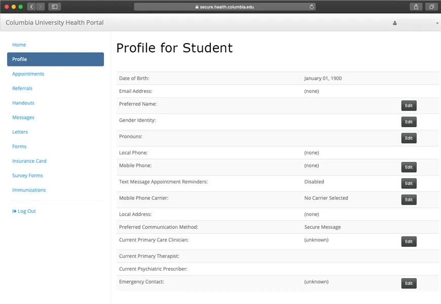 Screenshot of Patient Portal