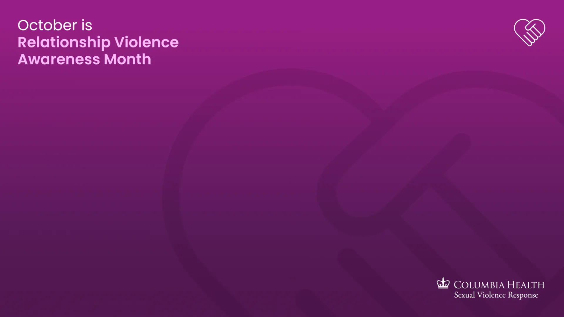 Zoom background with "October is Relationship Violence Awareness Month" in top left corner, Hand heart icon in top right, and sexual violence response logo in bottom right
