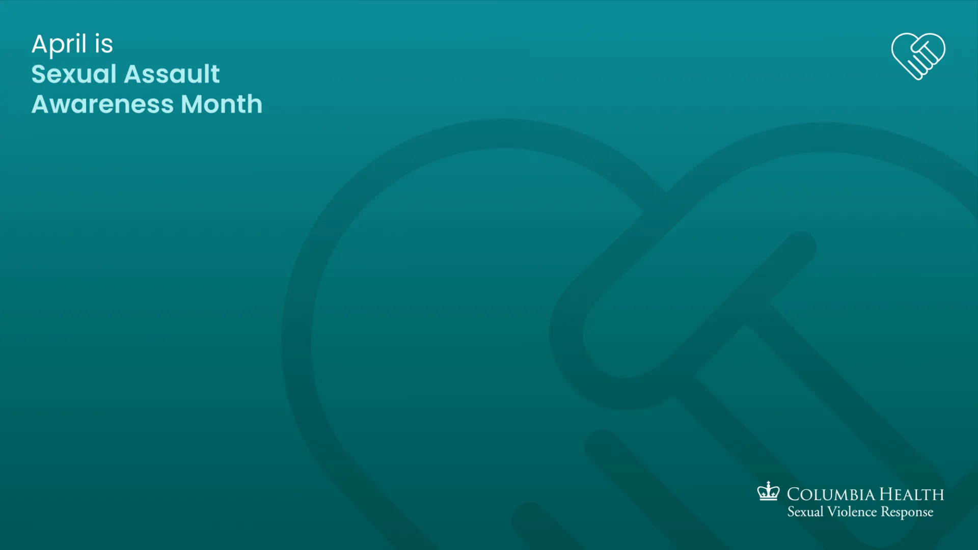 Zoom background with "April is Sexual Assault Awareness Month" in top left corner, Hand heart icon in top right, and sexual violence response logo in bottom right