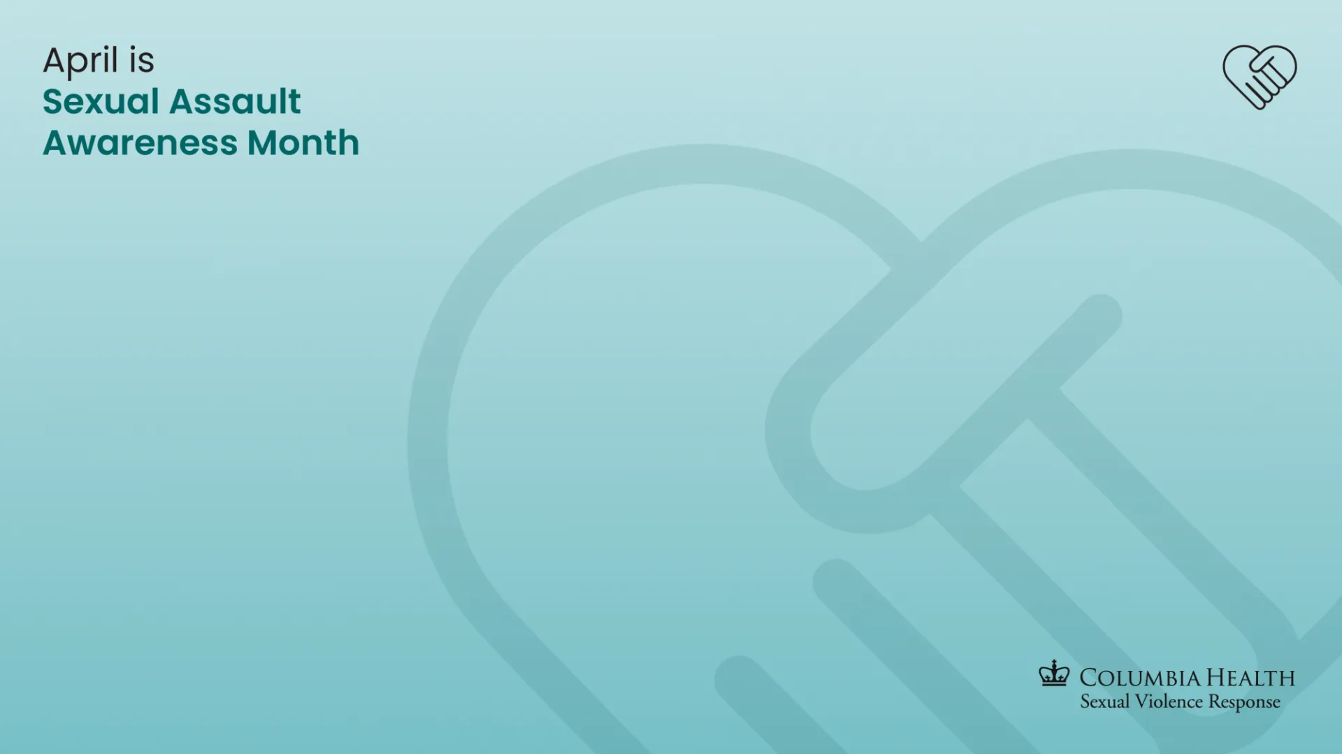 Zoom background with "April is Sexual Assault Awareness Month" in top left corner, Hand heart icon in top right, and sexual violence response logo in bottom right